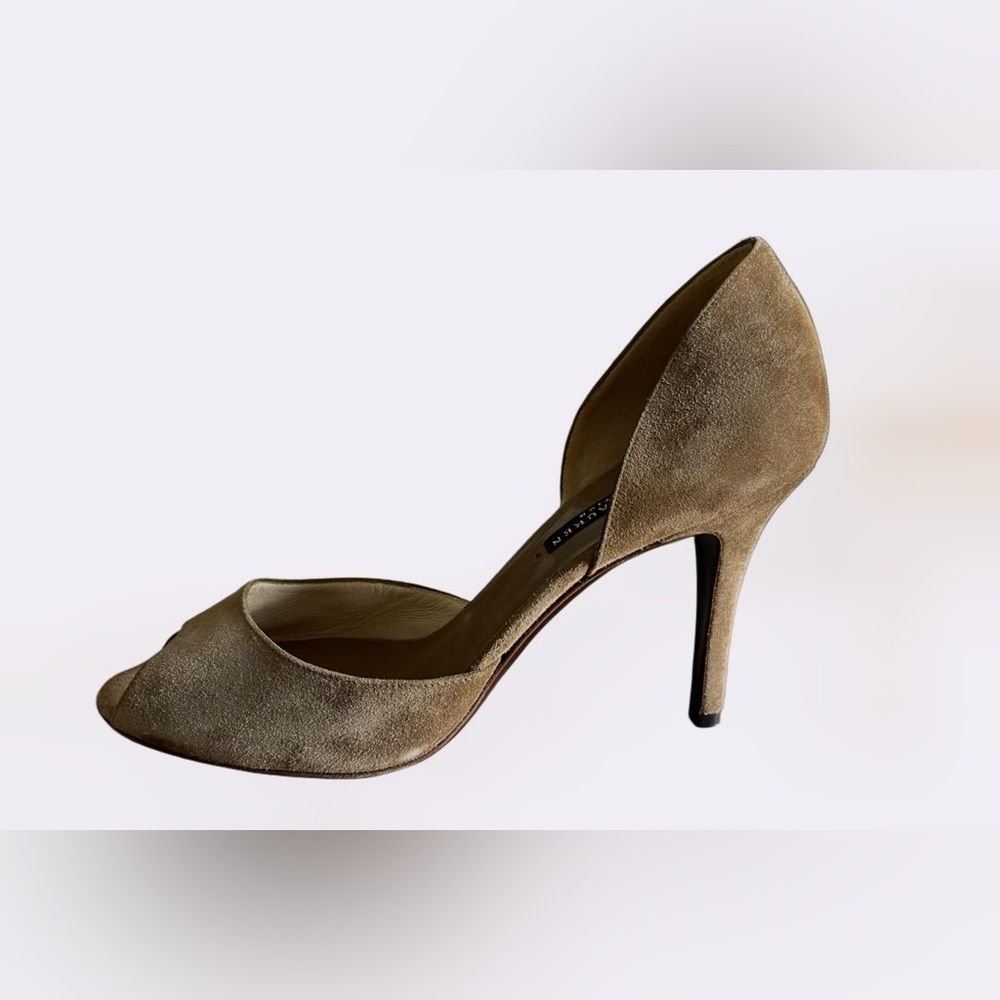 Ralph Lauren Purple Label Suede Brown Color Peep Toe Sexy Pumps Size 7 - Picture 6 of 17